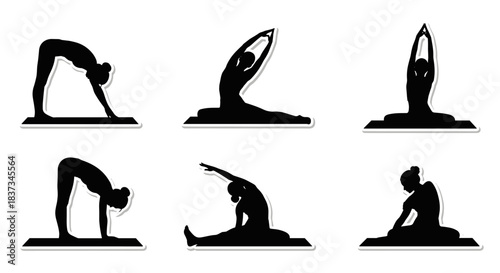 Silhouette yoga poses on mats: graceful exercise and mindfulness