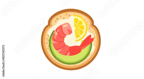 Minimalist open-faced shrimp sandwich with avocado and lemon slice on toasted bread