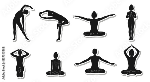 Silhouette yoga poses set: graceful practice in black and white designs