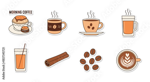 Morning coffee icons: cups, beans, and cinnamon in flat style