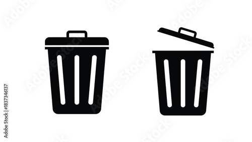 Simple illustration of two black trash cans one closed and one open
