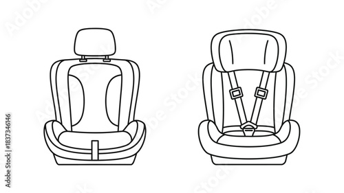 Line art illustration of two car seats side and front views depicted