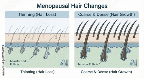 Scientific diagram illustrating the effect of menopause on hair follicles, showing the change from thinning hair loss to coarse dense hair growth.