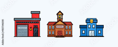 Flat Design Icons of Community Service Buildings