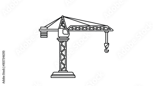 Simple black and white line drawing of a construction tower crane