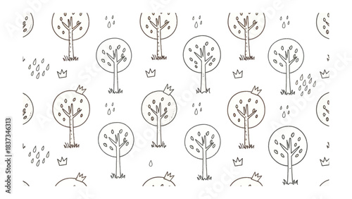 Royal Forest Pattern: Delicate line art of trees adorned with crowns, gently interspersed with falling rain and grassy hills, forming a charming seamless pattern. Evoking serenity and whimsy.