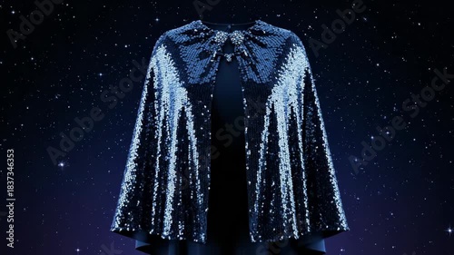 A celestial comet transforms into a dazzling sequined cape. This magical garment shimmers brightly against a starry night sky.