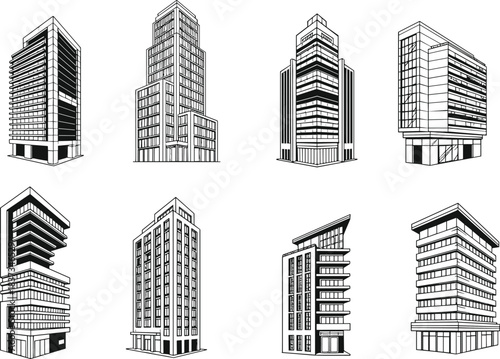 Modern high-rise building illustration set, black and white architecture, urban design elements, geometric structures, glass facade sketches, contemporary cityscape art
