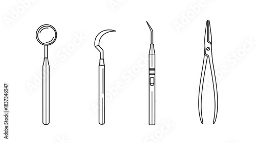 Illustration of dental instruments mouth mirror sickle probe explorer and forceps