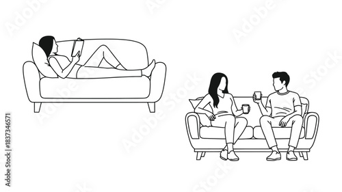 Simple line drawing of people relaxing on sofas enjoying their time together