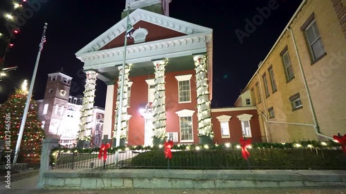 Courthouse in Charles Town West Virginia is decorated for Christmas with bright lights and festive displays during the holiday season