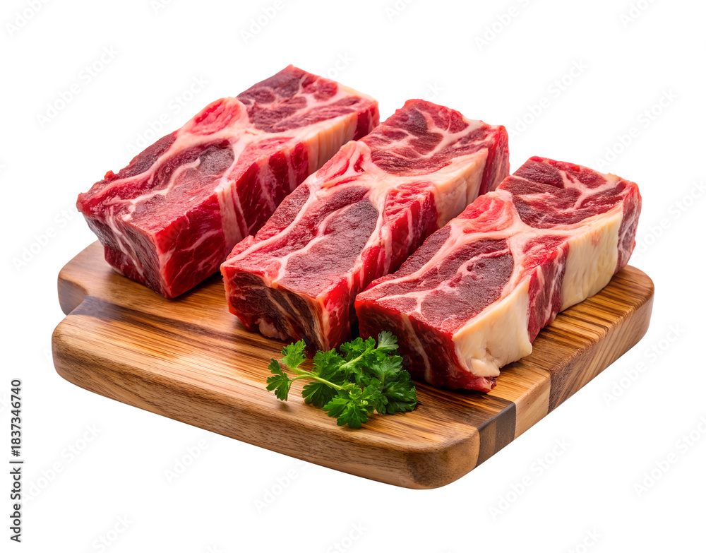 Fototapeta premium Raw beef ribeye steak on a wooden board with parsley isolated on transparent background