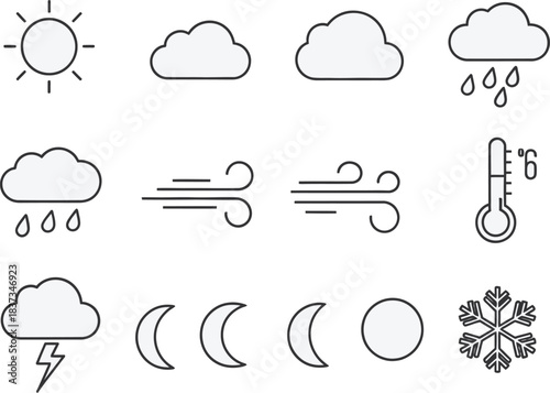 Weather Icons Set Sun Clouds Rain Wind Thermometer Snowflake Keywords: weather, icons, set, sun, clouds, rain, wind, thermometer, snowflake