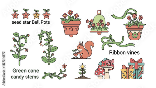 Floral Garden Elements: A collection of various floral and plant-related elements, like pots, stars, gifts, and a squirrel, offers diverse options for designs and embellishments.