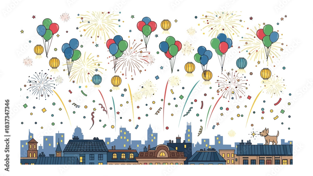 Obraz premium Festive Celebration in the City: A whimsical illustration depicts a city skyline ablaze with celebratory fireworks, balloons, and confetti. Evoking a sense of joyous festivities.