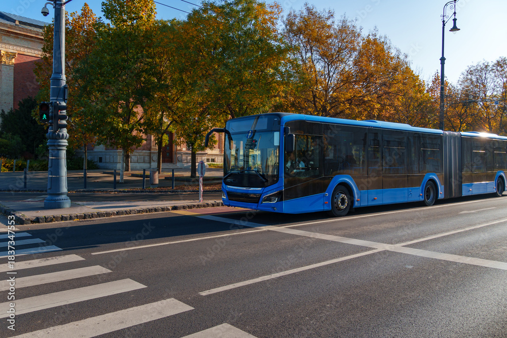 Fototapeta premium A blue city bus stopped on a city road in front of a pedestrian crossing. Budapest, Hungary