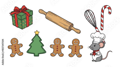 Festive Baking Essentials: A charming collection of Christmas-themed baking elements, including a gift, rolling pin, a whisk, a candy cane, gingerbread men, a Christmas tree, and a chef mouse