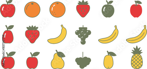 Assortment of colorful fruit icons including apples oranges strawberries bananas and pineapple Keywords: fruit, icon, apple, orange, strawberry