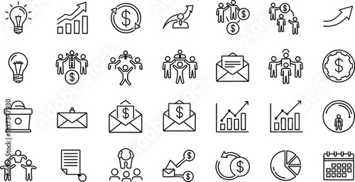 Business and finance icon set with lightbulb graph and money symbols Keywords: business, finance, icon, set, lightbulb, idea, growth, graph, chart