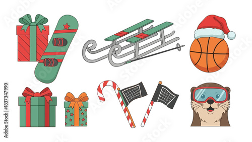 Winter Holiday Assortment: A festive assortment of holiday items, including gifts, winter sports equipment, and a cheerful basketball with a Santa hat.