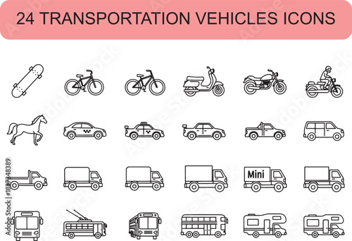 Collection of 24 Transportation Vehicle Icons in Line Art Style Keywords: transportation, vehicle, icon, set, collection, line art, outline