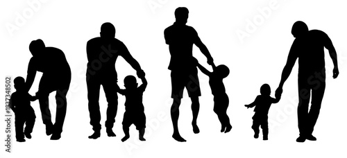 Silhouettes of fathers helping toddlers take their first steps. Vector illustration of father and son in white background.