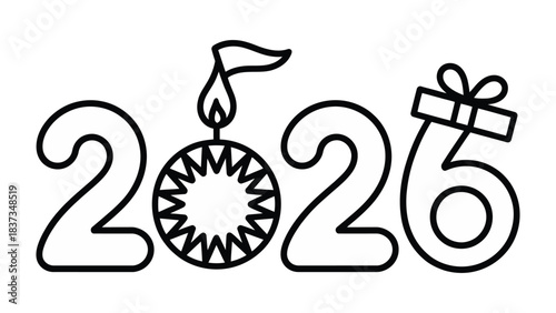 New Year's Eve Icon: A minimalist illustration of the numbers 2026, incorporating a celebratory candle and gift, symbolizing the arrival of the new year, filled with hope and excitement. 