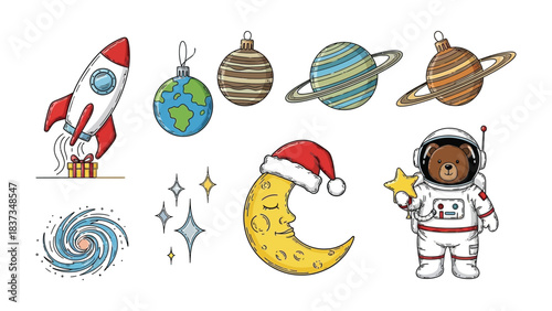 Celestial Ornaments: Festive cosmic ornaments decorate for the space theme. The picture shows whimsical space themed drawings, each a miniature masterpiece.