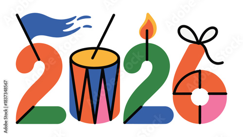 The Year 2026: a festive design with a number, a drum, a flag, a burning candle and a gift ribbon, invites anticipation and optimism.