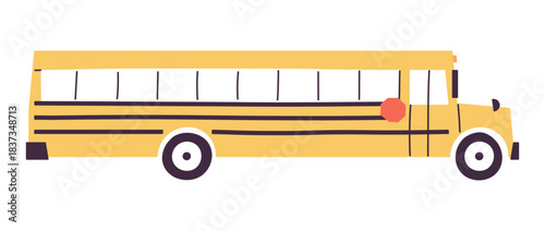 School bus side view showing yellow vehicle body, windows, wheels and classic transport shape, educational student transportation, urban commute and public transit concept flat vector illustration.