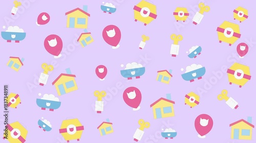 Wallpaper Mural Seamless Pattern of Cute Baby Bottles, Pacifiers, Cribs, and House Icons on Light Purple Background, Graphic Illustration Torontodigital.ca
