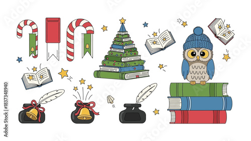 Festive Collection of Books and Embellishments: Adorable illustrations featuring whimsical elements: candy canes, bookmarks, a charming book Christmas tree, wise owl atop a stack of books.