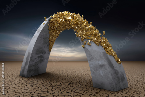 Golden arch stands in dry cracked ground under a dark sky