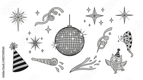 Celebration Symbols: An assortment of celebratory elements, including a disco ball, stars, confetti, noisemaker, party hats, and an owl, arranged for a festive occasion.