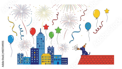 Celebratory Cityscape: A whimsical illustration depicts a festive cityscape filled with colorful fireworks, cheerful balloons, and a charming dog enjoying the celebratory atmosphere