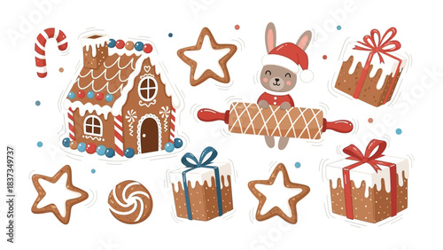Sweet Christmas Treats: A delightful arrangement of festive gingerbread cookies, a charming bunny, and gift boxes. capturing the warmth and sweetness of the season.