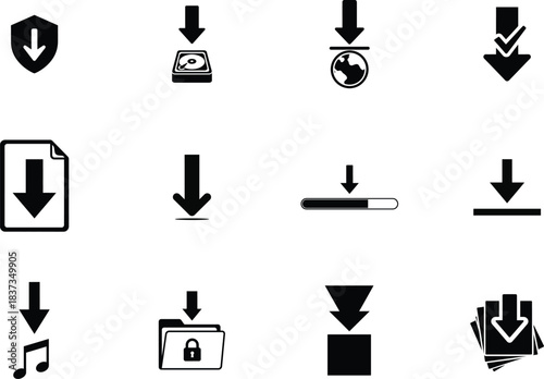 Collection of diverse download icons representing various file types and actions
