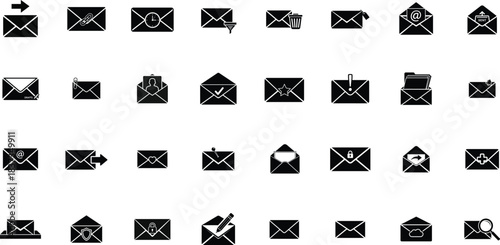 Collection of black and white email and mail icons
