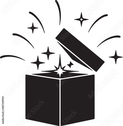 Opened gift box with sparkles vector silhouette icon surprise or magical present concept