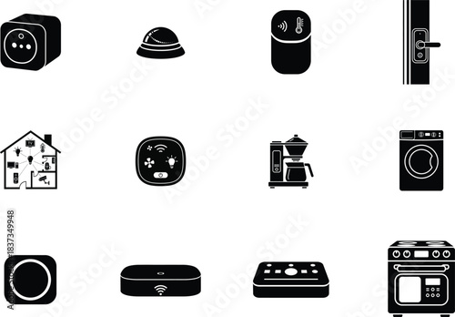 Collection of smart home technology and appliance vector icons on white background