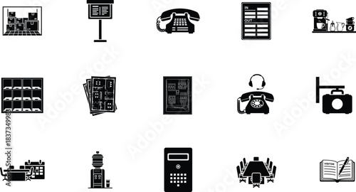 Collection of black and white office and business icons in a grid layout