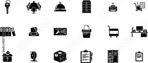 Collection of black and white icons representing office supplies and equipment