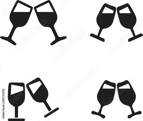 Four pairs of wine glasses clinking in a celebratory toast, simple black and white illustration.