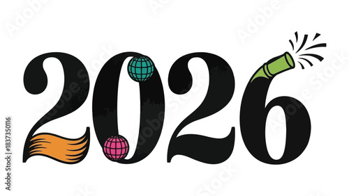New Year Celebration Countdown 2026: An illustrated depiction of the year 2026 with an exuberant flair, adorned with celebratory imagery to commemorate the upcoming New Year festivities.