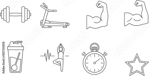 Line Art Icons for Fitness and Exercise on White Background dumbbell treadmill