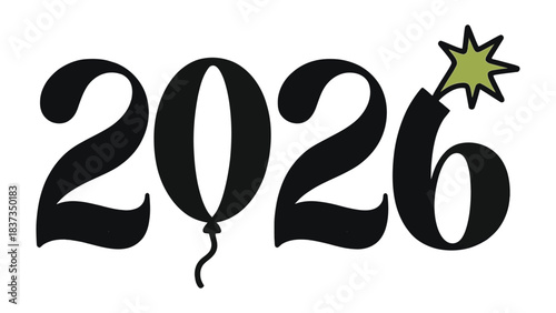 New Year Celebration 2026: An elegant illustration that transforms the upcoming year into a visual delight, celebrating with symbolic elements of a balloon and explosive star. 