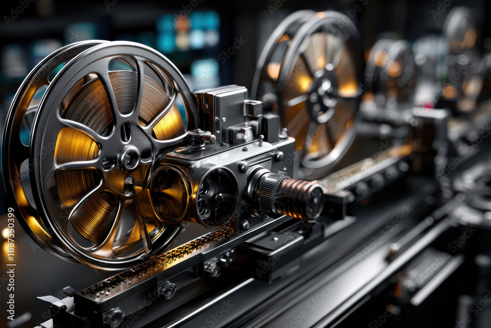 Fototapeta premium Vintage film projector showcasing intricate mechanics and design at a cinematic exhibition