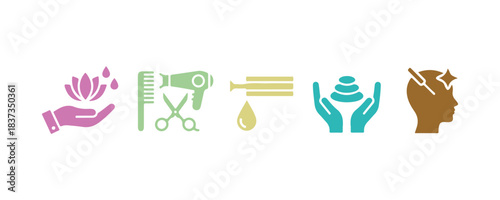 Beauty salon symbol. A colorful vector illustration representing skincare and wellness, featuring glyphs for spa treatments, hair styling, waxing, and massage. 