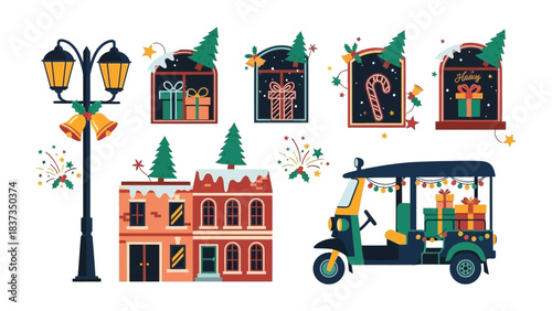 Festive Winter Collection: A charming set of Christmas illustrations, with town, tree, gifts, and car. Evoking warmth, joy, and the spirit of the holidays.