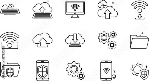 Technology and cloud computing icon set with wifi and gears Keywords: technology, cloud, computing, icon, set, wifi, wireless, internet, network